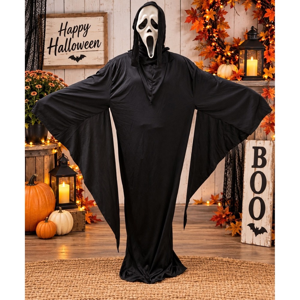 Ghostface Scream Halloween Costume Adult Black Hooded Robe Mask Gothic Horror